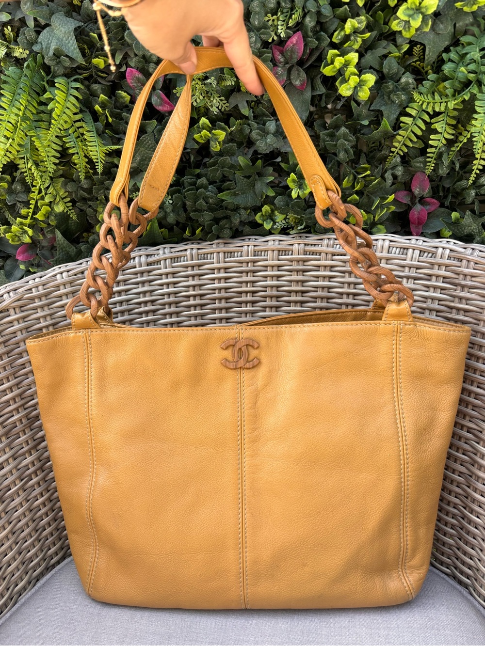 Authentic CHANEL mustard caviar leather mini tote tortoiseshell hardware